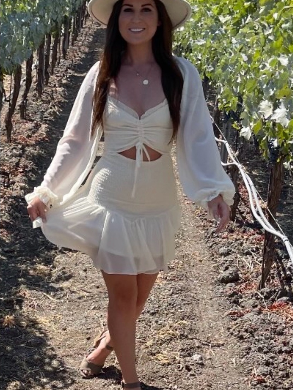 Coquette ivory Ruched Cutout Mini Dress with Sheer Sleeves Size S